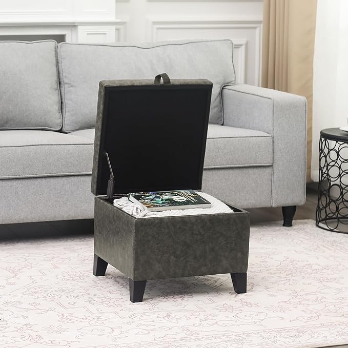 Adeco Faux Leather Storage Ottoman Bench with Wood Legs, 17.7" Square Mixed Grey PU Cube Foot Stool, Upholstered Button Tufted Vanity Chair with Hinged Lid for Living Room, Bedroom, Dorm