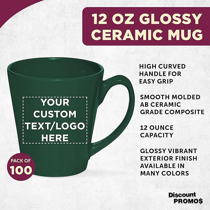 DISCOUNT PROMOS Custom Glossy Ceramic Latte Coffee Mug 12 oz. Set of 100, Personalized Bulk Pack - Perfect for Tea, Espresso, Cappuccino, Hot Cocoa - Green