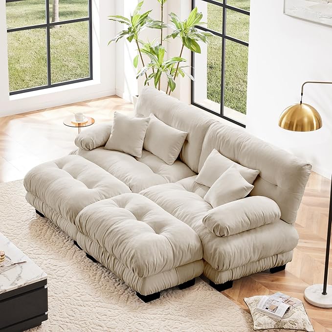 Loveseat Modular Sectional Sofa, U Shaped Couch with Ottoman, Cloud Couch Sectional Couch Home Sofa Living Room Oversized Couch Deep Seat Couch with Round Bolster Armrests 4 Pillows