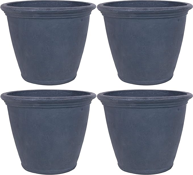 Sunnydaze 24-Inch Anjelica Large Plastic Pot for Plants - Outdoor Polyresin Round Planter with Drillable Drainage Holes - Slate - 4pk