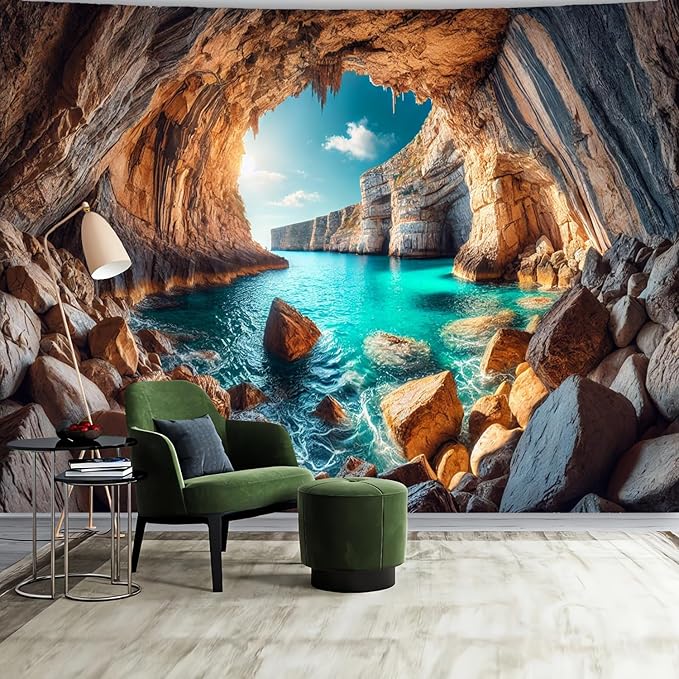 BSFHH Nature Tapestry Forest Tree Sea Cave Wall Hanging, Stream Through Rainforest Landscape Wall Art Tapestry for Bedroom Living room (Cave Sea View, 90"×70", Unframed)
