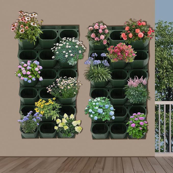 12Pieces 3-Pot Wall Planter Vertical Garden Plant Walls Wall Mounted Vertical Planter with Water-Storage Layer Stackable Wall-Mounted Flower Pot for Gardens, Balconies 180.78lbs Total Capacity (Green)