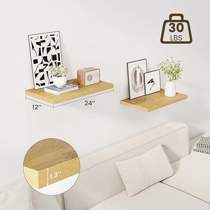 24" Floating Shelves for Wall, 12" Deep Slim Oak Floating Shelves, Wall-Mounted Shelves for Bedroom, Living Room, Kitchen, Bathroom - Set of 2