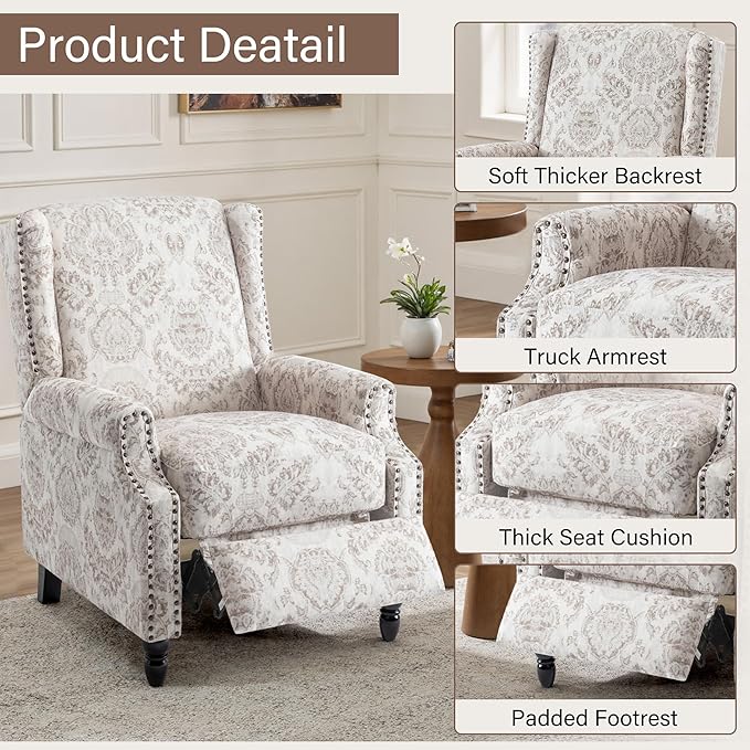 UIXE Recliner Chairs Set of 2, Fabric Upholstered Armchair Pushback Accent Chair for Living Room, Floral Rivet Trim Club Chair Home Theater Single Sofa Bedroom Side Reading Seat - Beige Pattern