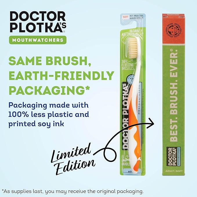 MOUTHWATCHERS Soft Flossing Manual Toothbrush for Adults, 2 Pack, Orange, Ultra Clean, Good for Sensitive Teeth and Gums, by Dr. Plotka's