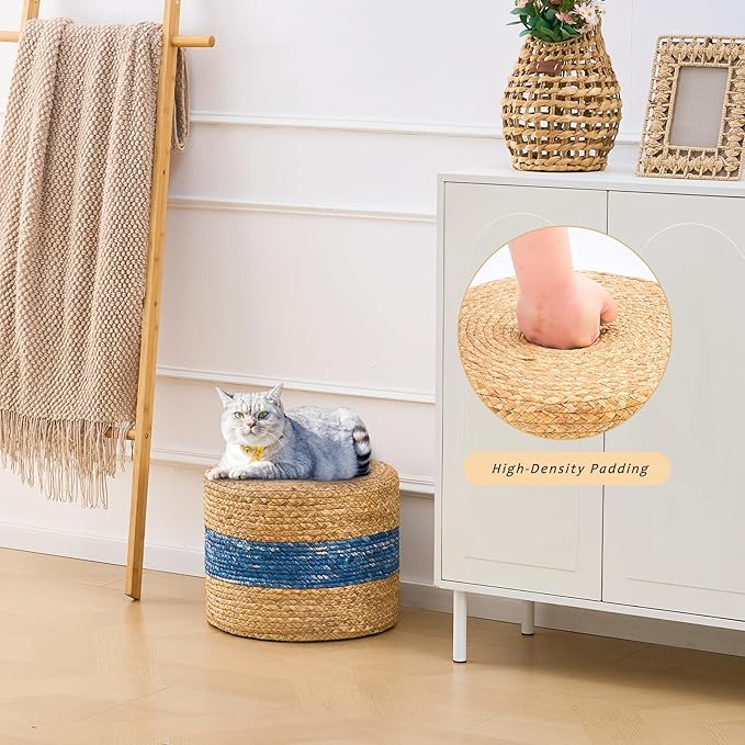 Handwoven Water Hyacinth Ottoman Pouf, Round Outdoor Footstool with Sturdy Frame, No Assembly Needed, Boho Accent Stool for Indoor & Outdoor Use – Patio, Balcony, Living Room (Blue)