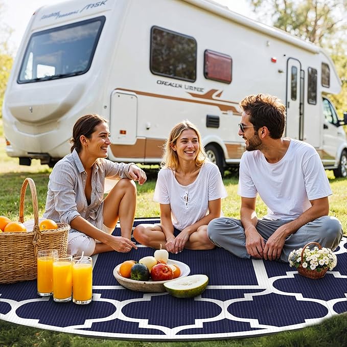GENIMO 10 ' Round Outdoor Rug for Patio, Waterproof Indoor Outdoor Plastic Straw Rugs Carpet, Reversible Outside Area Mat for Camping, Balcony Porch, Deck, Picnic, Blue White