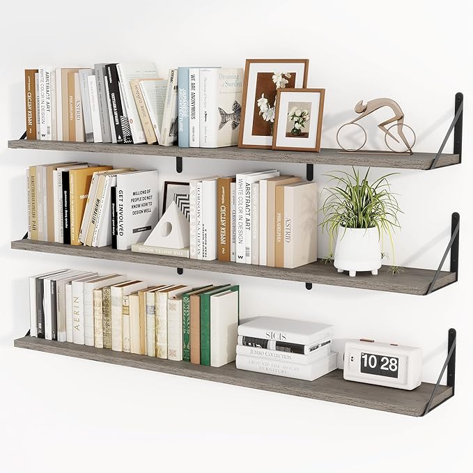 Heimlove 48 Inch Large Floating Bookshelves Set of 3,Wall Mounted Bookshelves,Heavy Duty Bracket Shelves for Living Room,Bedroom,Kitchen,Laundry Room Storage & Decor,Rustic Silver Grey