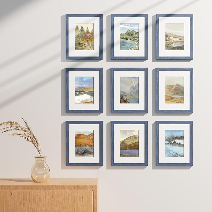 Vittanly 8x10 Picture Frames Set of 9, Shatter Resistant Plexiglass, Display 5x7 Pictures with Mat or 8x10 without Mat, Photo Frames for Wall or Tabletop, Engineered Wood, Navy
