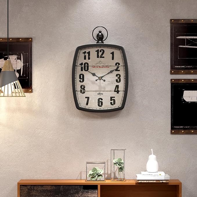 Menterry Rectangle Retro Large Wall Clock, Old-Fashioned Vintage Design, Black Antique Style, Battery Operated Silent Decor Wall Clocks for Farmhouse,Kitchen,Office (15.5" H x 10.2" W)