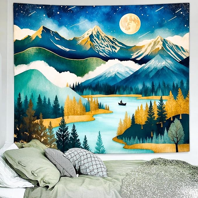 Delur Mountain Tapestry Boho Moon Stars Starry Night Tapestry Wall Hanging Forest Tree Nature Landscape Psychedelic Headboard for Bedroom Living Room Home Decor (70.8" x 92.5")