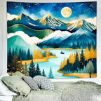 Delur Mountain Tapestry Boho Moon Stars Starry Night Tapestry Wall Hanging Forest Tree Nature Landscape Psychedelic Headboard for Bedroom Living Room Home Decor (59.1" x 78.7")