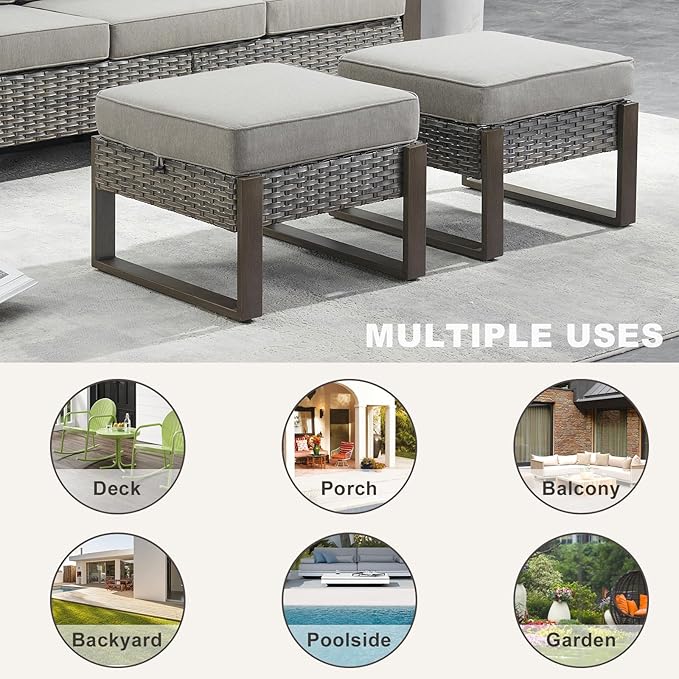 Outdoor Ottoman Wicker Patio Footrest - 2 Piece Wicker Footrest Footstools Set with Sturdy Frame,All-Weather PE Wicker, Thick Cushions for Deck Porch Garden(Mixed Grey/Grey)