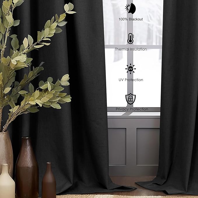 Linen Black Out Curtains 45 Inch Long 2 Panels Burg for Bedroom Windows Back Tab Heat Blocking Room Darkening Insulated Kitchen 40 Soundproof Half Block Dark Short Length Curtain Bathroom Van Garage