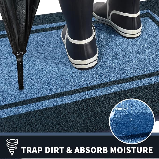 PURRUGS Dirt Trapping Door Mat 24" x 84", Non-Slip/Skid Machine Washable Entryway Rug, Shoes Scraper, Area Rug, Super Absorbent Welcome Mat for Muddy Wet Shoes and Paws, Light Blue & Navy