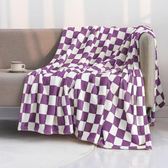 LOMAO Throw Blankets Flannel Blanket with Checkerboard Grid Pattern Soft Throw Blanket for Couch, Bed, Sofa Luxurious Warm and Cozy for All Seasons (Purple, 40"x50")