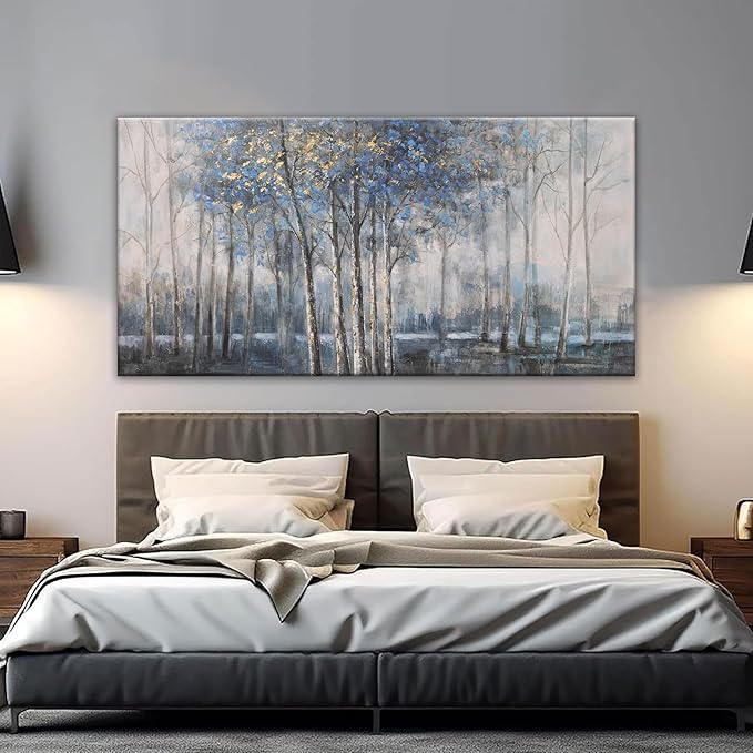 Canvas Wall Art Decor Pictures Wall Decor Prints Modern Large Wall Art Gold Wall Art Blue Grey Misty Botanical Textured Artwork for Walls For Room Living Room Bedroom Office Wall Decor 24"X48"
