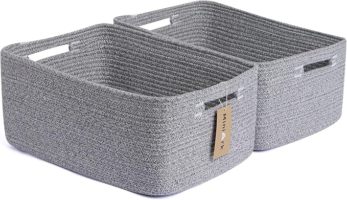 Large Storage Baskets for Shelves, Closet Organizers Bins for Clothes Blanket Towels, Baby Nursery, Toy Baskets Box, Woven Rope Baskets, 17 x 13 x 7.5”, 2 Packs Mixed Grey