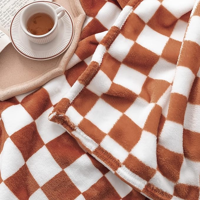 LOMAO Throw Blankets Flannel Blanket with Checkerboard Grid Pattern Soft Throw Blanket for Couch, Bed, Sofa Luxurious Warm and Cozy for All Seasons (Maple Brown, 90"x90")