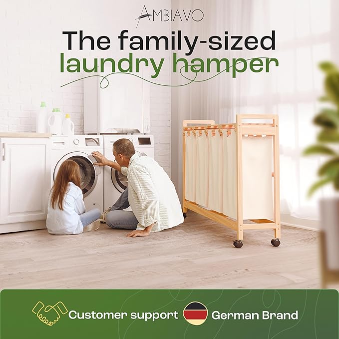 Laundry Sorter with 4 Sections beige, Hamper with Removable Cotton Bags & Wheels – Perfect Laundry Organizer - Eco-Friendly Rolling Laundry Basket – Durable Bamboo and Stylish Design