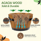 Idzo Set of 3 Wooden Flower Boxes Outdoor, Durable Acacia Wood Barrel Planters for Outdoor Plants with Ergonomic Handles, Drainage Holes, Multiple Sizes Wood Bucket Planter Light Brown