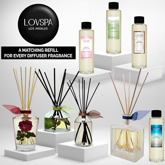 LOVSPA Reed Diffuser Set, Lush Palm & Jasmine Scented Oil Diffuser with Sticks, Home Fragrance Accessories for Bathroom Shelf Decor, Aroma Diffusers for Home or Office Desk, USA Made