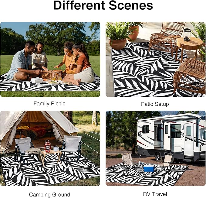 OLANLY Waterproof Outdoor Rug 9x12 ft, Reversible Outdoor Plastic Straw Rug with Leaf Pattern, RV Mat, Indoor Outdoor Carpet for Patio, Camping, Balcony, Deck, Backyard, Black & White