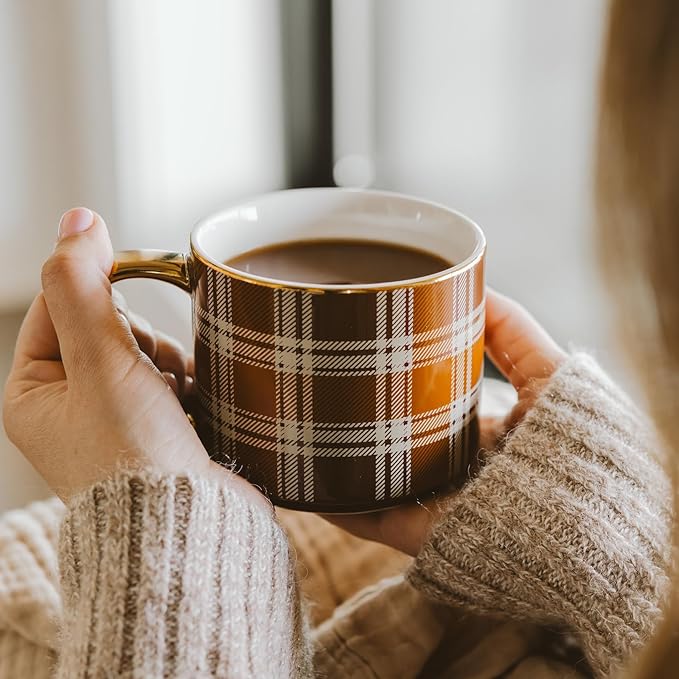 Sweet Water Decor Brown Plaid Mug with Gold Handle, 14oz Fine Bone China Coffee Cup for Tea, Latte, or Hot Cider, Cozy Fall Drinkware, Housewarming & Hostess Gift for Autumn and Thanksgiving