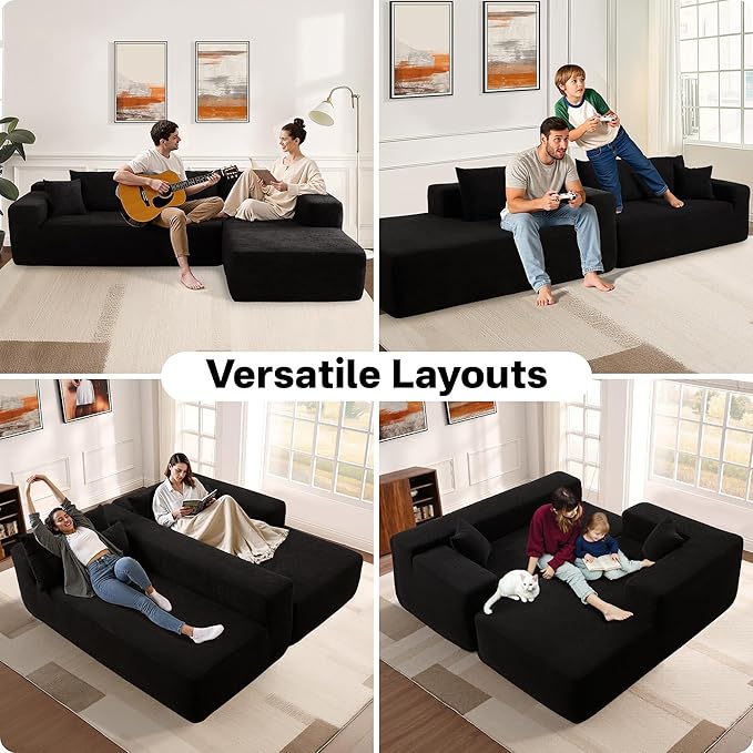 104" Cloud Sectional Couches for Living Room,L Shaped Boneless Couch in A Box,Sleeper Sofa with Comfy Chaise No Assembly Required,Black