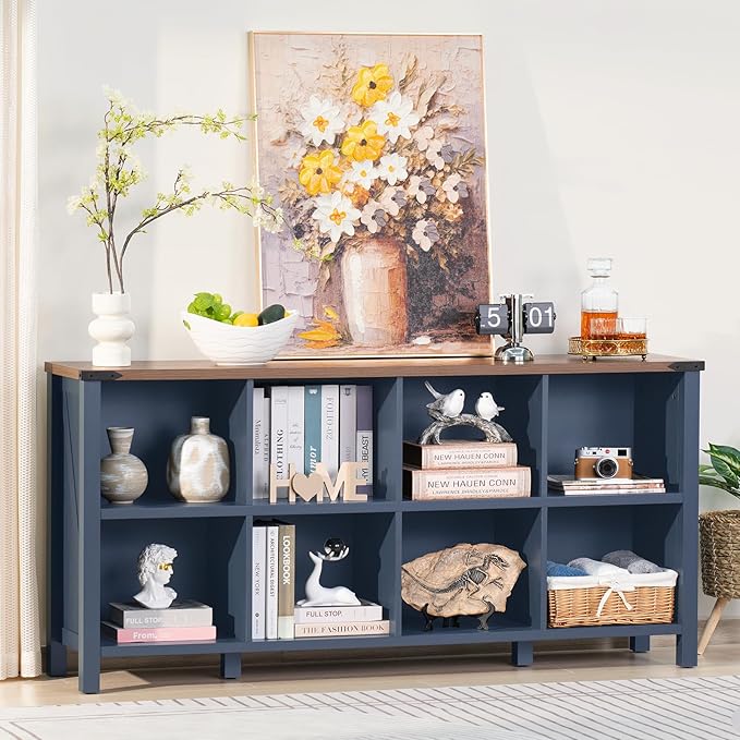 8 Cube Book Shelf, Farmhouse Wood Long Storage Organizer Bookcase, 62" Horizontal Navy Blue Console Closet Bookshelf, Hallway TV Stand for Entryway, Display Cabinet Book Case for Living Room