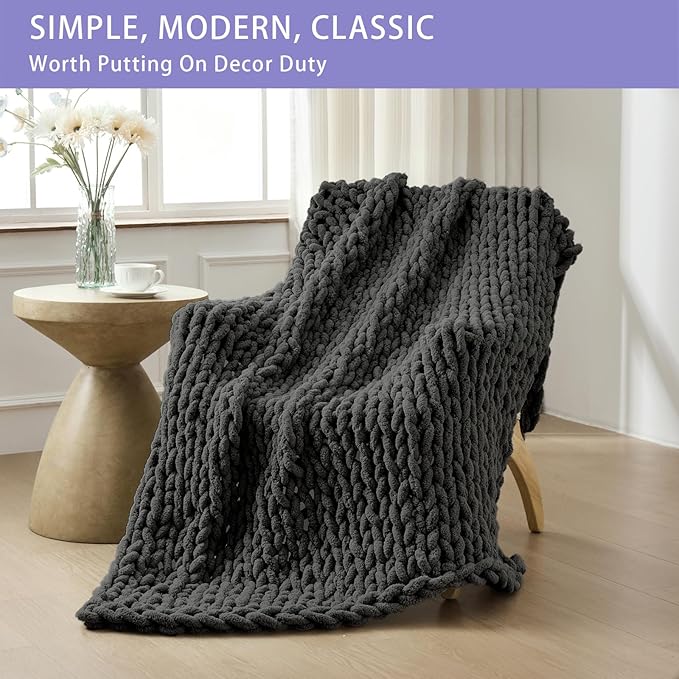 Bigacogo Chunky Knit Throw Blanket for Couch, 51x63 inches, 100% Hand Knitted with Thick Jumbo Chenille Yarn, Cozy Soft Large Rope Knot Cable Crochet Blankets for Sofa Bed Living Room, Dark Grey