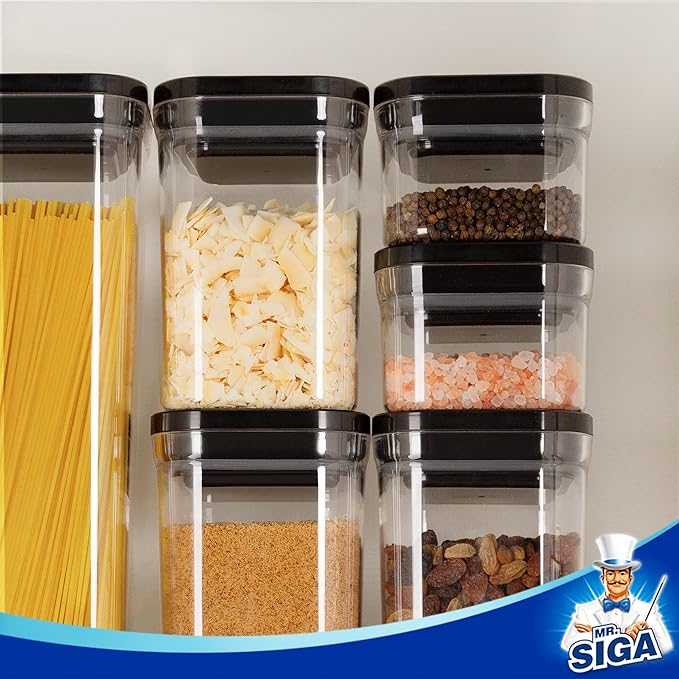 MR.SIGA 6 Piece Airtight Food Storage Container Set, BPA Free Kitchen Pantry Organization Canisters, One-handed Kitchen Storage Containers for Cereal, Spaghetti, Pasta, Black