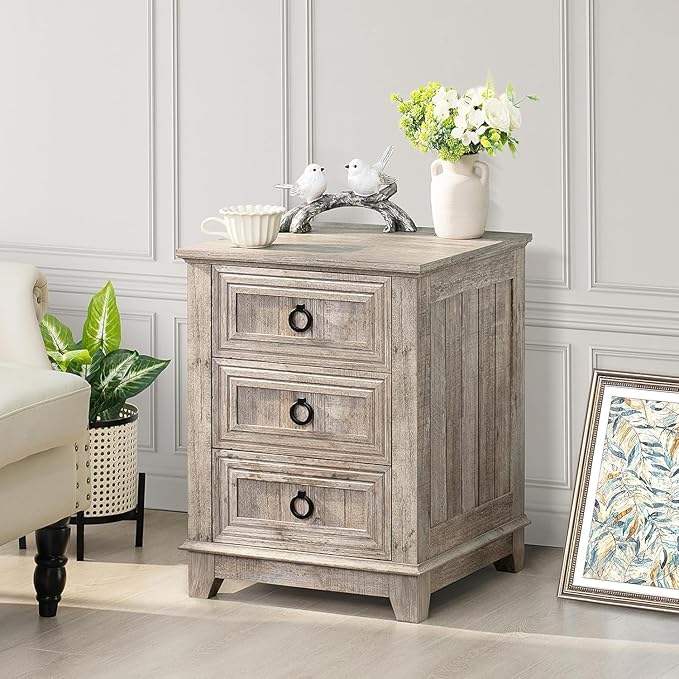 18" Farmhouse Night Stands Set of 2 with Charging Station, 2 & 3 Drawers End Table Dresser for Bedroom, Oak Wooden Nightstand, Bed Side Table with Open Shelf, Bedside Cabinet for Living Room