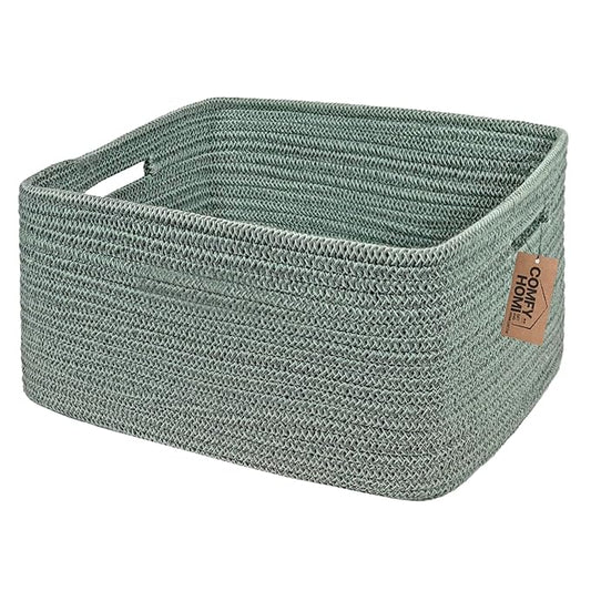 COMFY-HOMI Cotton Rope Woven Basket with Handles for Shelves,Toys,Book, Cloth Storage Baskets for Organizing-17" x 13" x 7.5" Toy Decorative Organizer for Living Room, Bathroom （Green）