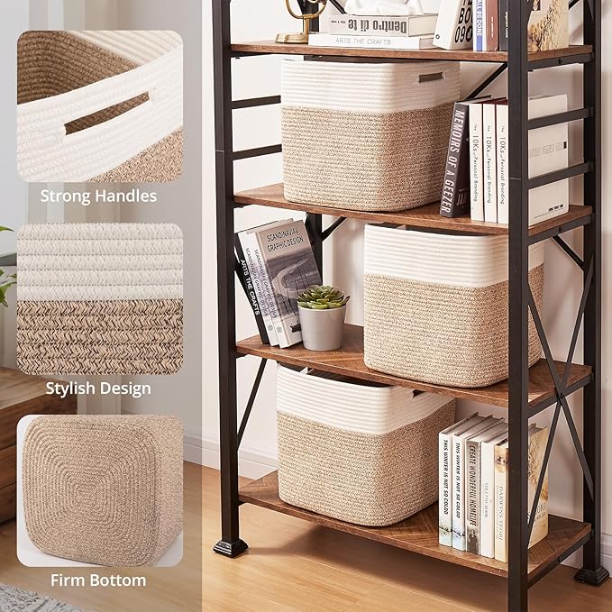 OIAHOMY 13 Kallax Inch Cube Storage Bins, 3-Pack Cotton Rope Woven Baskets for Organizing, Kallax Insert Storage Baskets for Shelves, Baby Nursery, Closet Organizer, 13*13*12.6IN, Brown & White