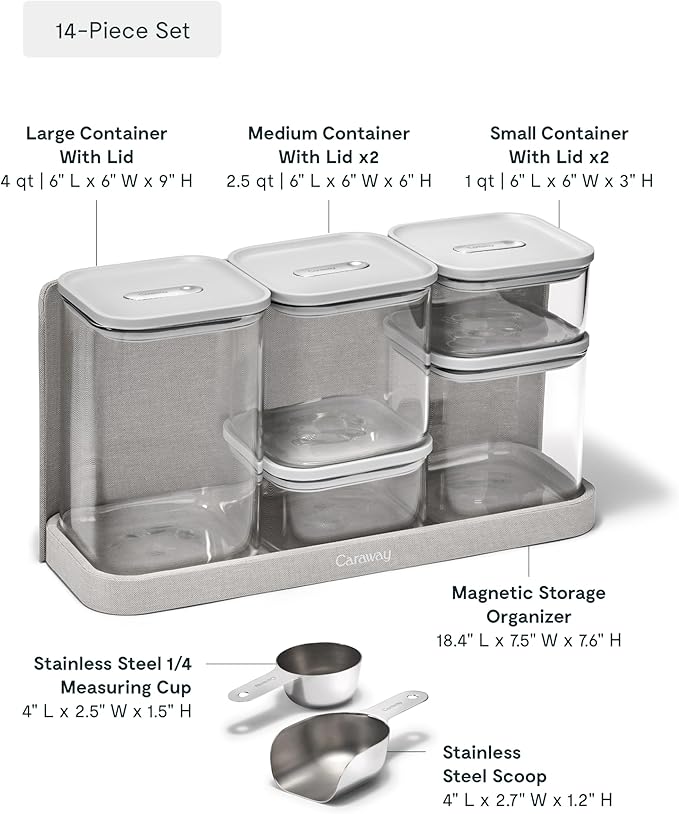Caraway 14-Piece Glass Airtight Food Storage Containers with Lids – Non-Toxic, BPA-Free Kitchen Storage Containers – Stackable, Space-Saving Airtight Containers for Dry Goods and More - Gray