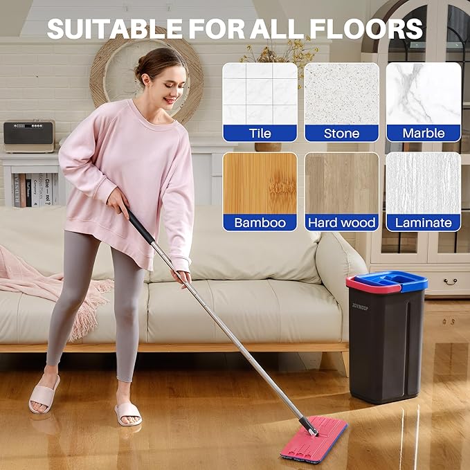 JOYMOOP Mop and Bucket Set for Home, Hands-Free Self-Cleaning System, with 5 Reusable Microfiber Mop Pads, Suitable for Floor Cleaning and Wall Cleaner - Black+Red+Slate Blue