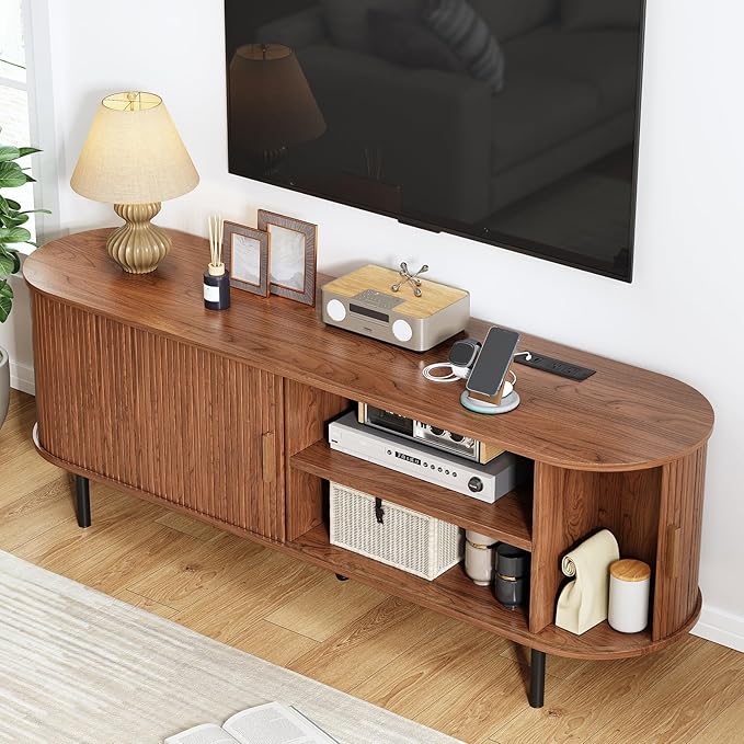 63" TV Stand with Power Outlet, Modern Media Console with Sliding Doors, Entertainment Center for TVs up to 60 Inch, Adjustable Shelves, Walnut