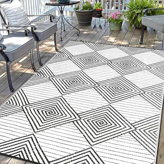 Waterproof Outdoor Rug 8x10ft, Foldable Reversible Plastic Straw Mat for Patio RV Deck Porch Backyard Balcony Camping Picnic Beach Indoor Outdoor Carpet, Black&White