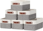 DULLEMELO Small Storage Baskets 6 Pack, Fabric Collapsible Gift Storage Baskets for Shelves, Closets, Nursery, Home, Office Organizing,Small Canvas Linen Rectangular Storage Bins (6-Pack, White&Grey)
