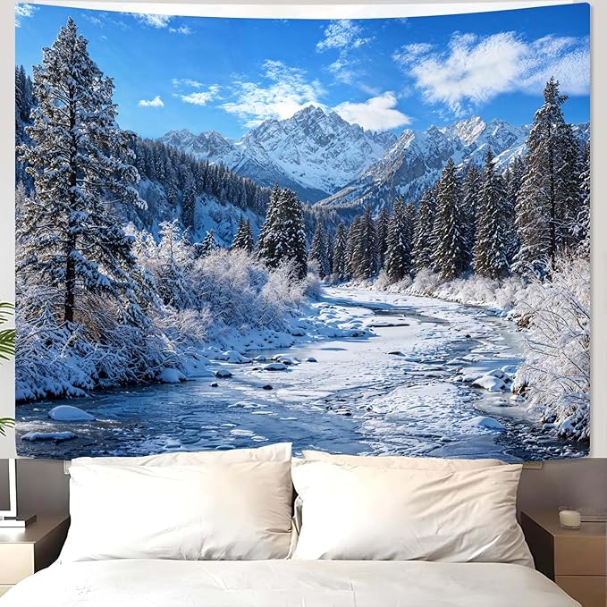 AMM Winter Forest Snow Mountain Tapestry Snowy Pine Tree Woodland Tapestry for Bedroom Aesthetic White Clouds Flowing River Landscape Tapestries Wall Hanging for Living Room Dorm Office 48 x 36 Inch