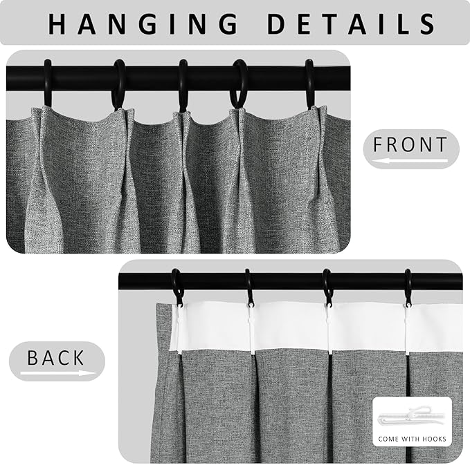 Macochico Mid Grey 100% Blackout Linen Curtains 96 Inches Long Pinch Pleated Curtains for Bedroom Living Room Nursery Farmhouse Insulated Sound Reducing Drapery with Tieback 84”Wx96”L 1 Panel