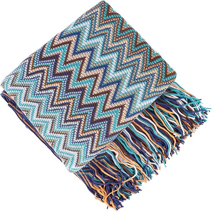 Boho Throw Blanket - Bohemian Fringe Tassels， for Bed Couch Soft ChairBlanket Double Sided (50"x70") (Blue)