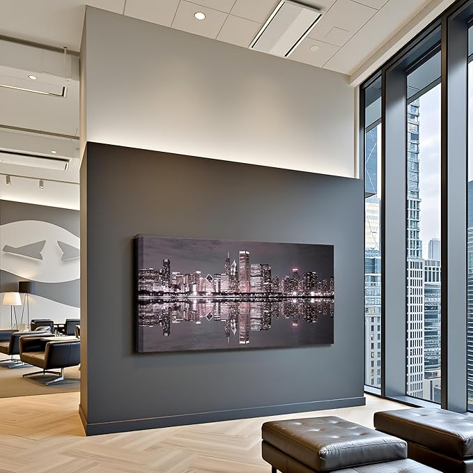 Conipit Chicago Wall Art Chicago Skyline Artwork City Night Downtown Picture Cityscape Painting Framed for Bedroom Home Office Decor 24"x48"