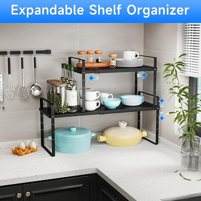 Expandable Cabinet Shelf Organizer, Stackable Kitchen Pantry Counter Storage, Adjustable Closet Cupboard Stand Rack Risers Spice Organization 80LBS Heavy Duty Black Small 1 Pack