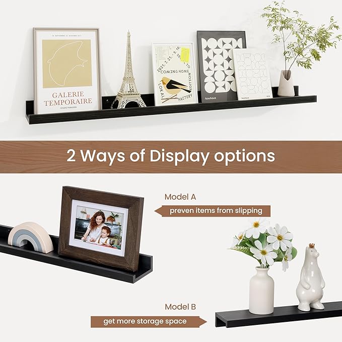 Picture Ledge Shelf, Solid Pine Wood Floating Shelves Set of 2, 32 Inches Nursery Book Shelves for Toys Storage, Kids Bookshelf Wall Mounted for Living Room Bedroom Decor Books Photo Frames, Black