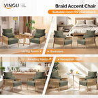 VINGLI Boho Braid Accent Armchairs Set of 2,Mid-Century Modern Chiars with Solid Wooden Armrest,Comfy Louge Cushion Chairs with Waist Pillow for Bedroom,Living Room,Reading Room, Dark Green