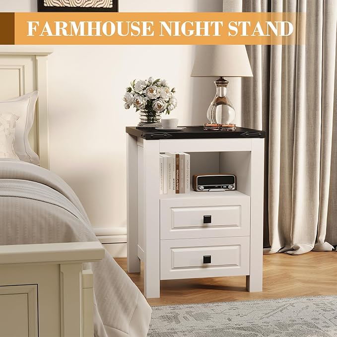 Farmhouse End Table Set of 2 with Charging Station - Apicizon Nightstands