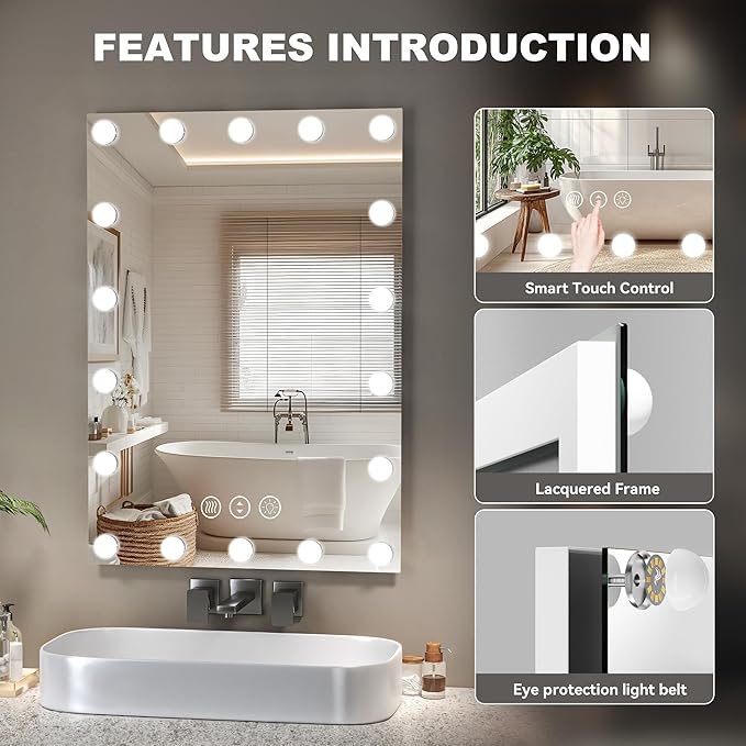 Hasipu LED Bathroom Mirror with Lights, 84" x 31" Hollywood Wall-Mounted Bathroom Mirror with 32 Dimmable Bulbs, 3 Colors Modes, Touch Control, Anti-Fog, Memory Function, Shatter-Proof, ETL Listed