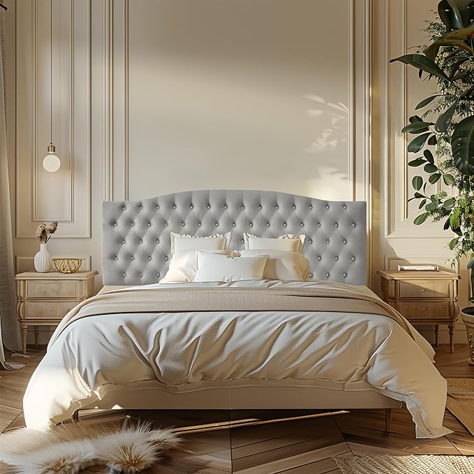 Velvet Upholstered Headboard King/Cal King Size Latest Model Wall Mount, Bed Frame Mount, Featuring High-Density Sponge Padding, Luxury Texture Easy Assembly and Style-Light Gray